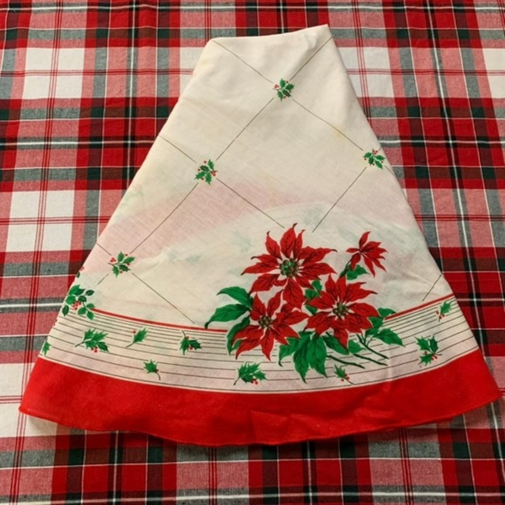 Vintage Round Christmas Poinsettia Holly Tablecloth Red‎ White Green 89x59